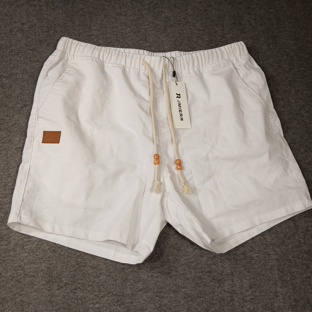 JMIERR Mens White Cotton Linen Blend Drawstring Beach Shorts Size 36 New